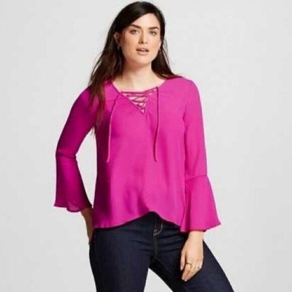 Nordstrom Eclair Blouse S Lace Up Bell Sleeve Flounce Fuchsia Pink Vibrant Neon - Picture 1 of 9